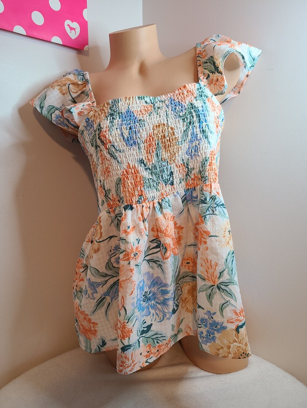 LOFT Smocked Square Neck Multicolor Floral Ruffle Top Size M